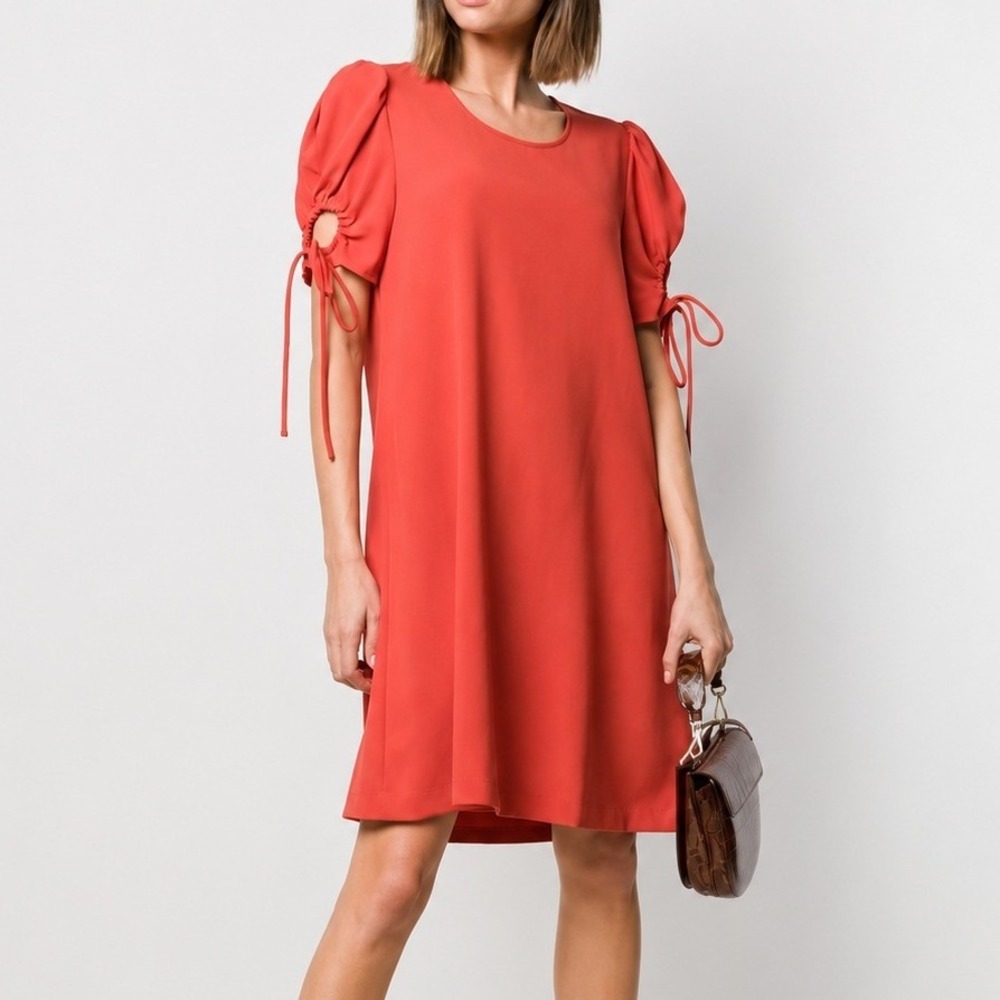 NEW See By Chloe Peppery Red Ruched Crepe Mini Dress Shift Size 44